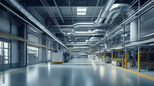 Tech-Driven Industrial Plant: Spacious Facility with Air Ducts, Pipes, and Open Work Areas
