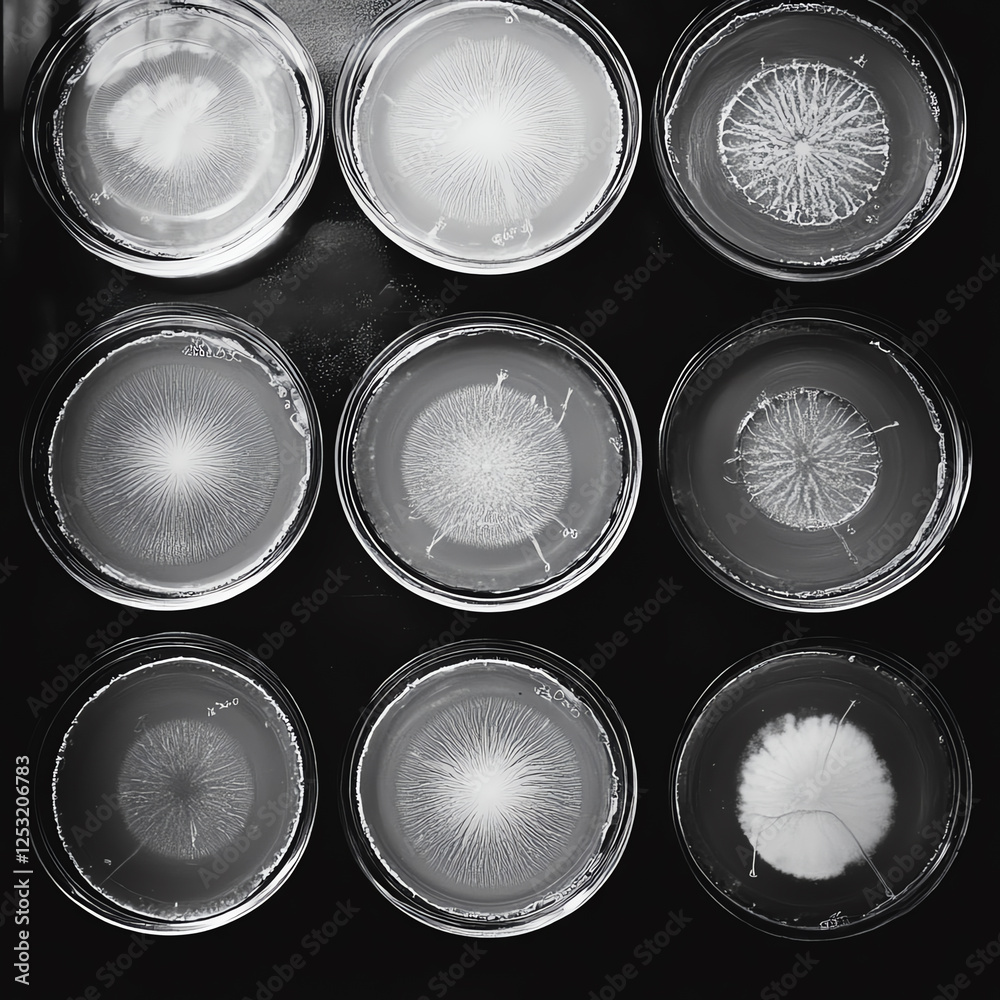 A captivating arrangement of petri dishes displaying various microbial cultures, showcasing unique growth patterns and textures A captivating arrangement of petri dishes displaying various microbial cultures, showcasing unique growth patterns and textures