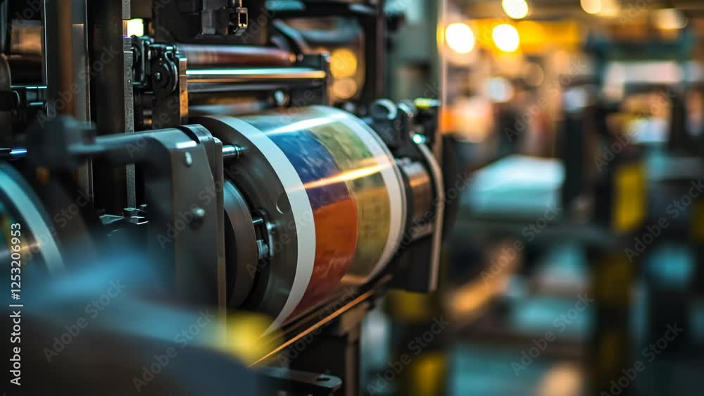 Printing press in operation at a bustling factory during evening hours, producing colorful newspaper rolls and publications