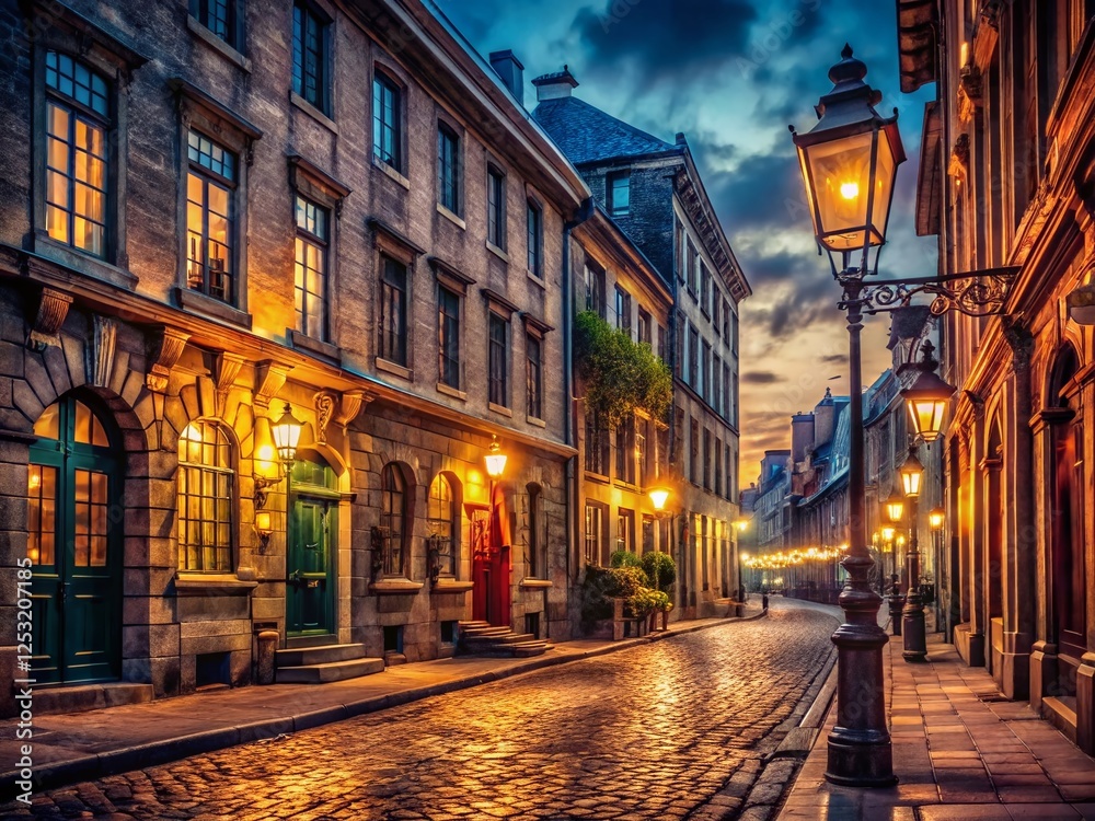 Fototapeta premium Vintage Night Photography: Old Montreal Architecture, Charming Cityscape