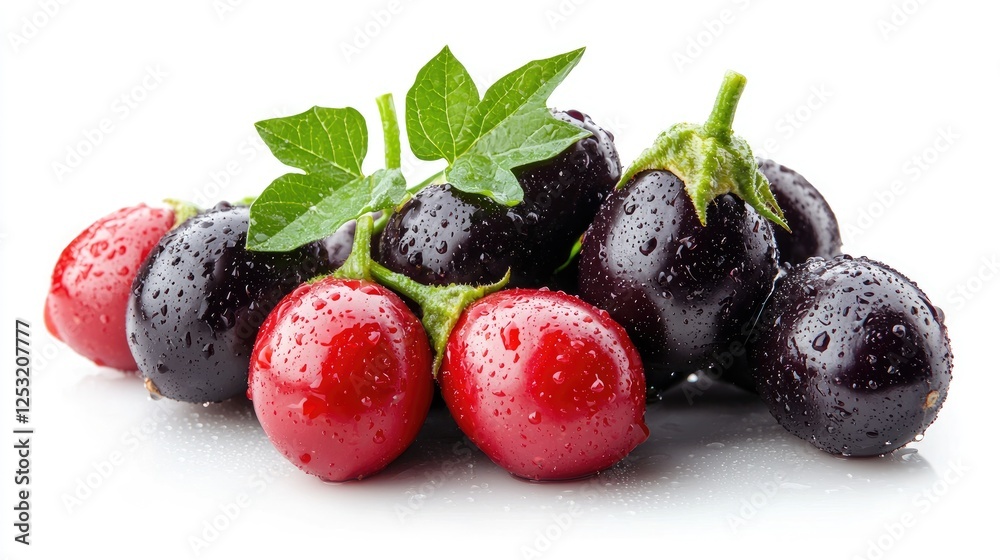 Fresh red and purple baby eggplants with leaves.  Food photography for recipe websites