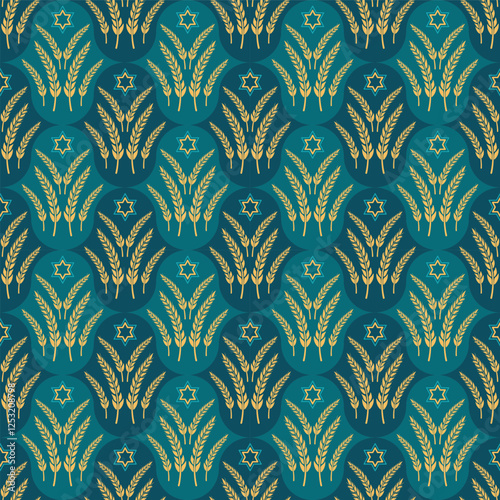Shavuot seamless pattern. Star of David and wheat on a blue background. Vector classic damask pattern for your holiday background or design