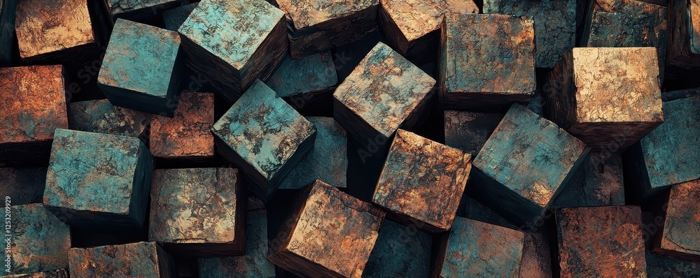 Abstract Background of Stacked Cubes with Rustic Teal and Copper Textures Abstract Background of Stacked Cubes with Rustic Teal and Copper Textures