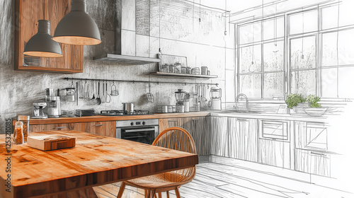 A striking image that seamlessly transitions from a vibrant color photograph of a sleek modern kitchen to a detailed black-and-white pencil sketch. Generative AI photo