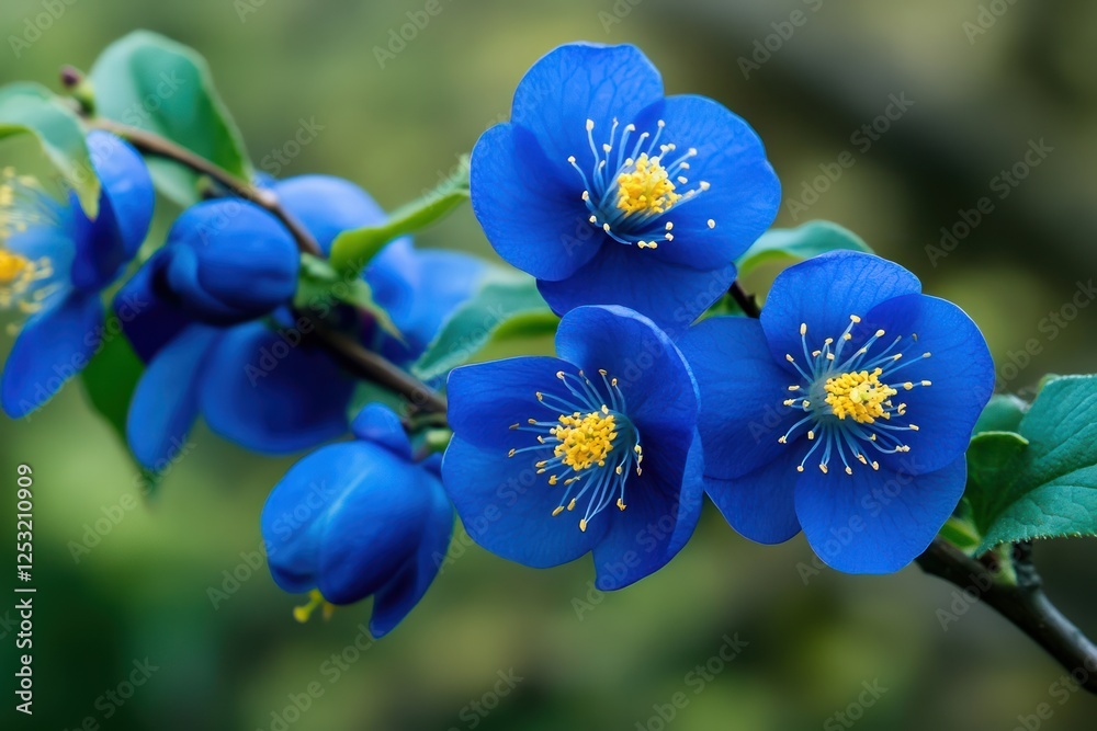 blue plum blossoms blooming on the branch, with yellow stamens and green leaves in springtime. blue plum blossoms blooming on the branch, with yellow stamens and green leaves in springtime.