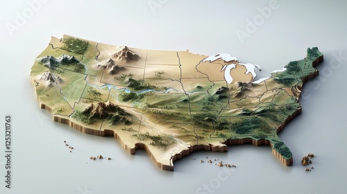 A 3D-rendered US map with elevation details, mountains, and rivers carefully highlighted.