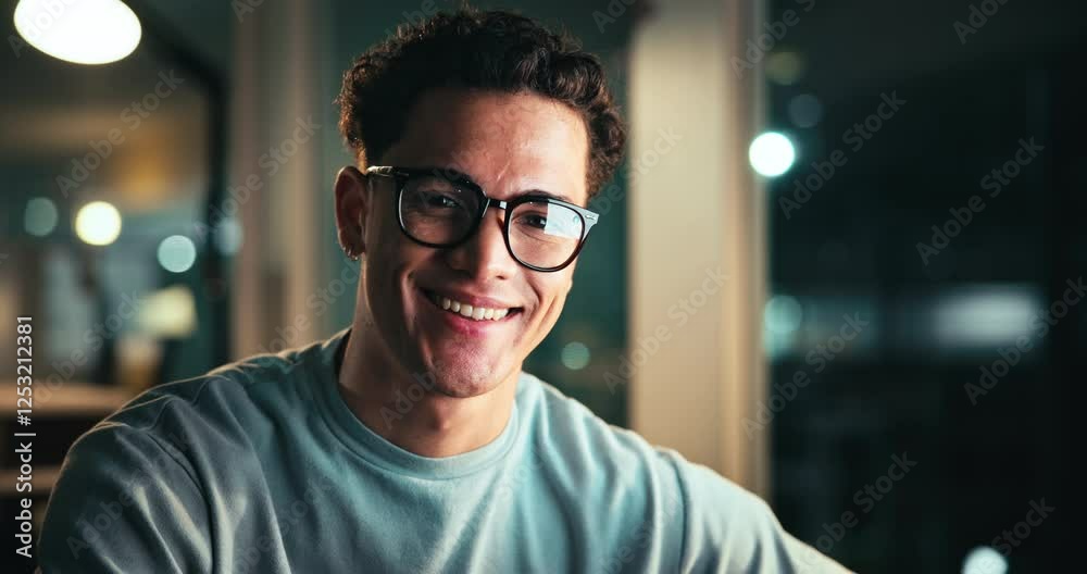 Man, face and night worker in office, computer and glasses for reflection at publishing agency. Portrait, journalist professional and deadline for news article, reporter and employee in workplace