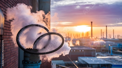 Steam Rings Emerging from Industrial Pipeline at Sunset