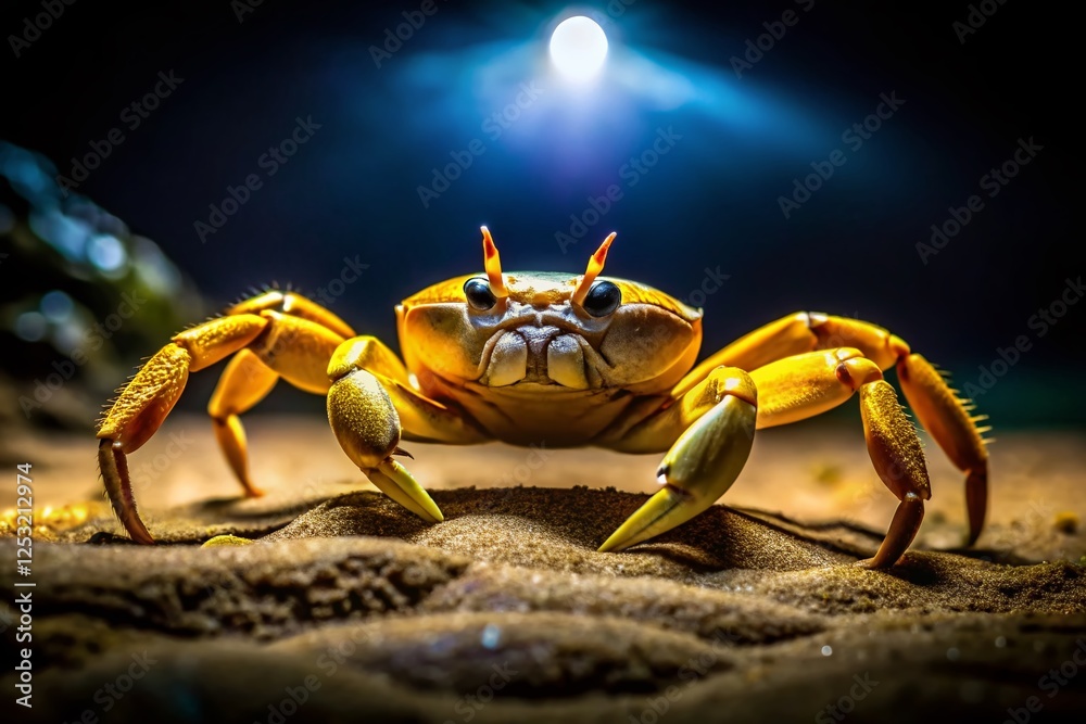 Nighttime Yellow Land Crab on Tropical Beach, Close-Up Macro Shot Nighttime Yellow Land Crab on Tropical Beach, Close-Up Macro Shot