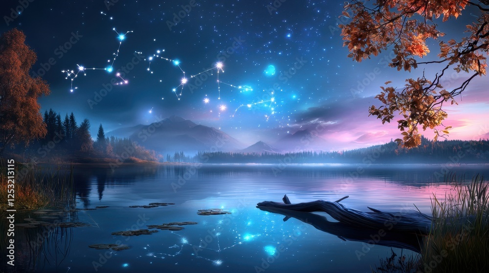 Fototapeta premium A celestial scene with zodiac constellations glowing in the night sky, mystical atmosphere