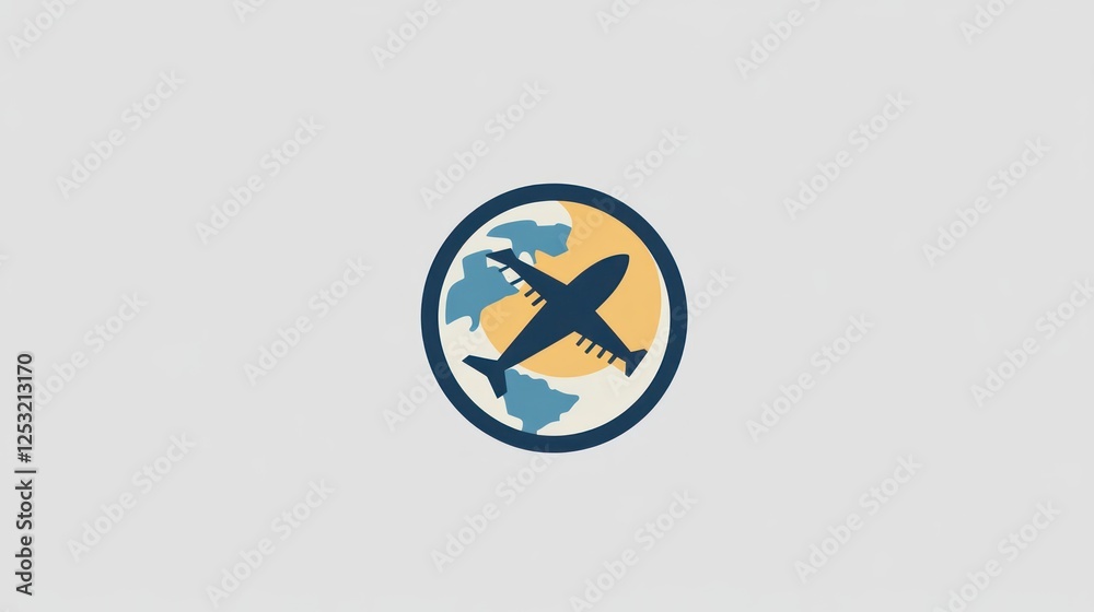 Airplane icon on circular background, simple design, travel, world map Airplane icon on circular background, simple design, travel, world map