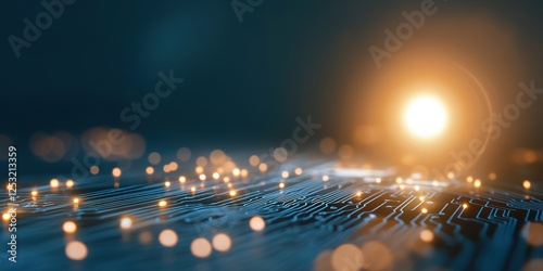 Circuit board illuminated by glowing lights, showcasing technology and innovation in a futuristic setting