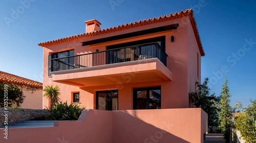 Salmon-colored villa with terracotta tiled roof against vivid blue sky