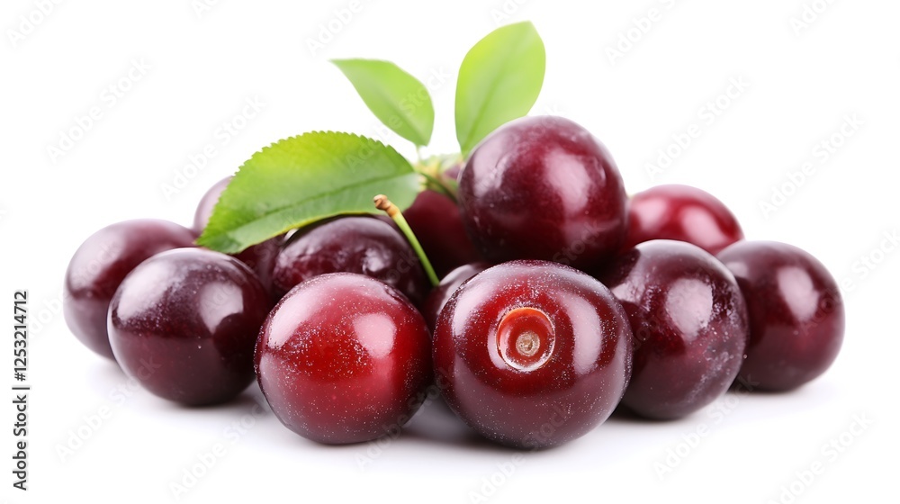 Ripe plums with leaves on white background for food blogs Ripe plums with leaves on white background for food blogs