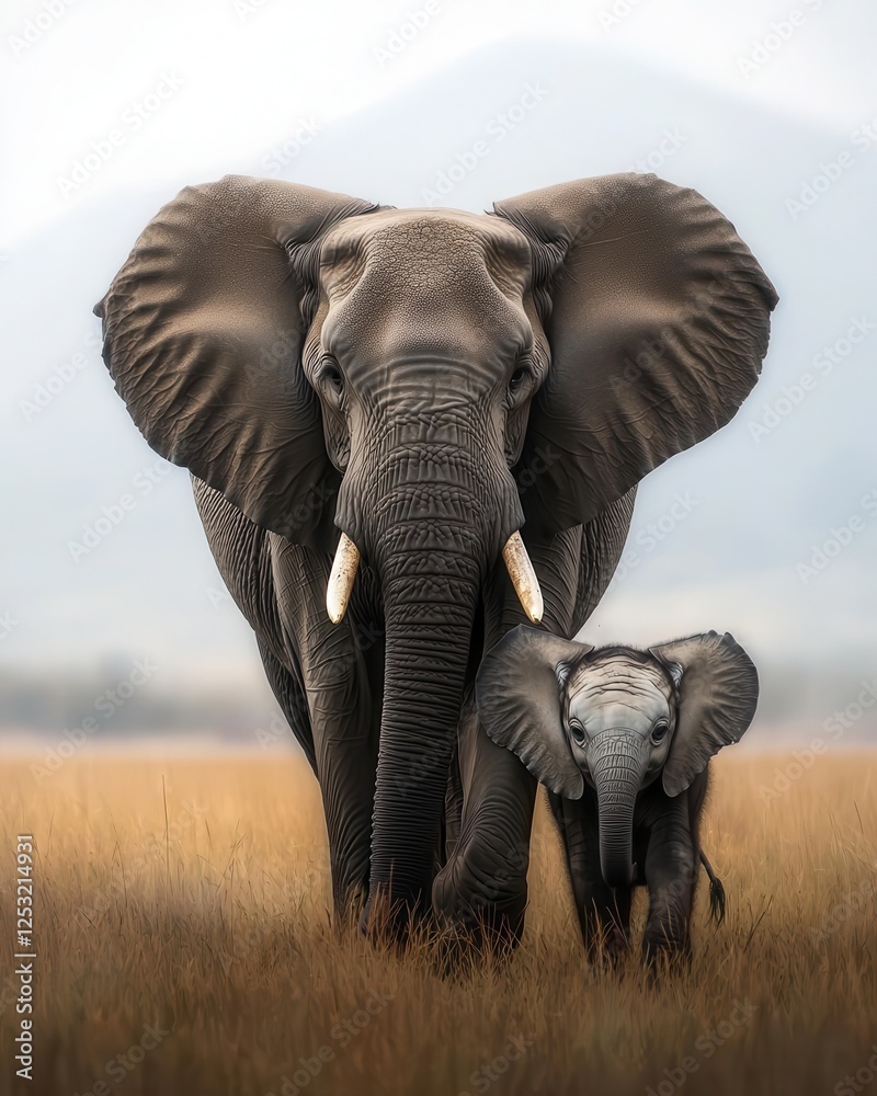 Fototapeta premium Majestic African Elephant and Calf Walking in Savannah Grassland
