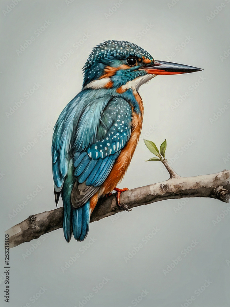 Fototapeta premium Kingfisher watercolor painting perched on a branch with minimal background.