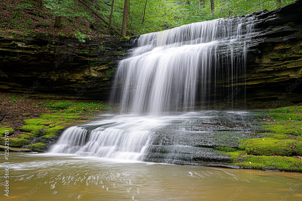 Fototapeta premium Tranquil waterfall cascading over moss-covered rocks in a lush green forest