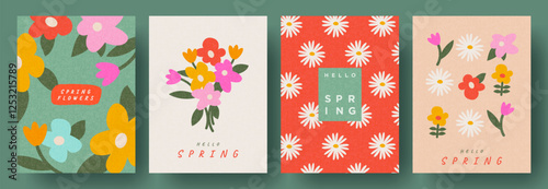 Spring set of cutest cards or posters for the spring holiday with wildflowers, tulips, daisies. Hand drawn Floral art templates for Womens Day, birthday, Mothers Day, Easter decoration and greetings