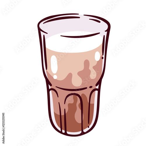 Glass cartoon cup of coffee cocktail. Funny brown layers of cold beverage in transparent glass. Summer drinks menu mascot, cartoon cocoa, chocolate, milkshake for dessert vector illustration