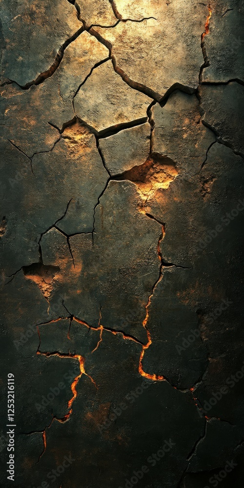 Cracked surface with glowing highlights in dark tones Cracked surface with glowing highlights in dark tones