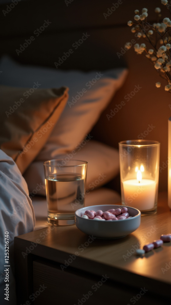 A cozy nighttime scene with magnesium glycinate supplement next to a glass of water on a bedside table. A cozy nighttime scene with magnesium glycinate supplement next to a glass of water on a bedside table.