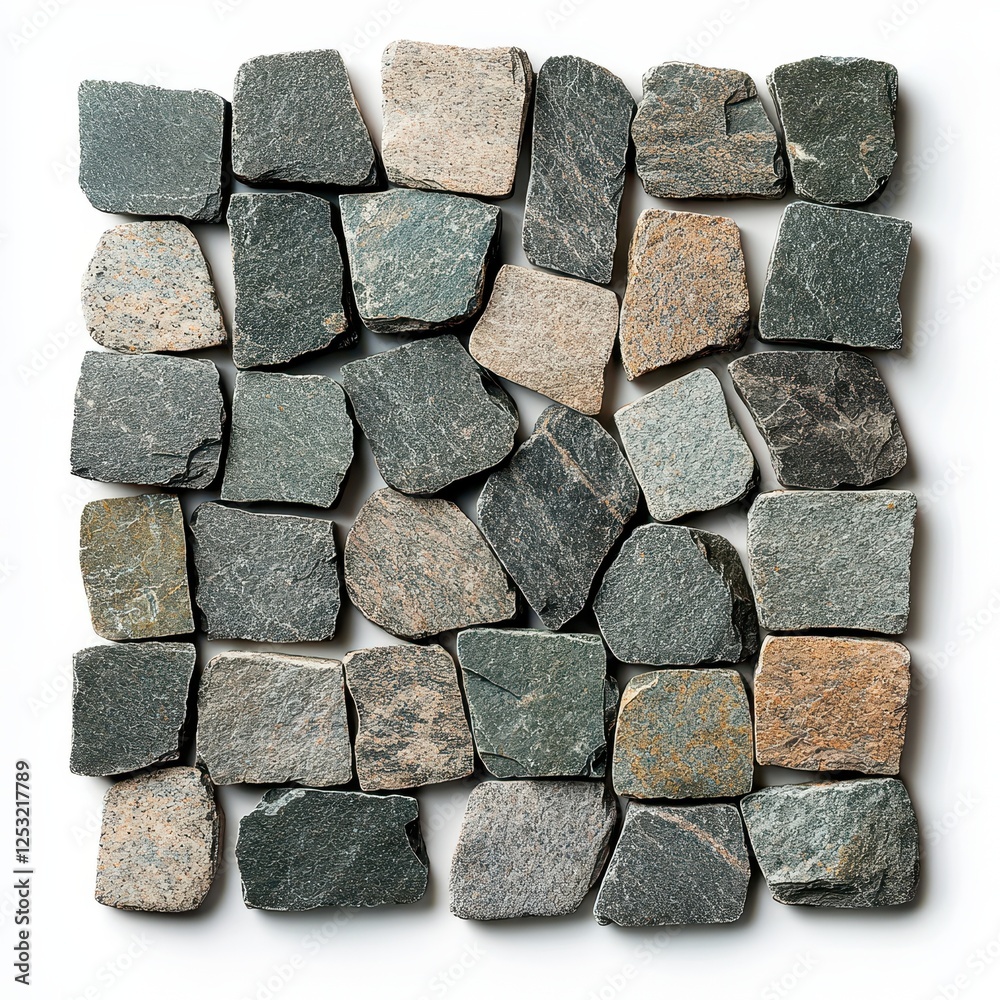 Natural Stone Tile Mosaic Irregular Shaped Pebbles Grey and Beige Tones Flat Lay