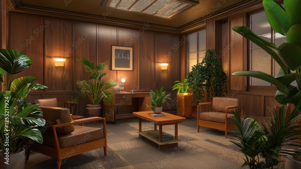 Fototapeta premium A private practice doctor's office with wooden furniture, potted plants, and warm lighting for a cozy feel.