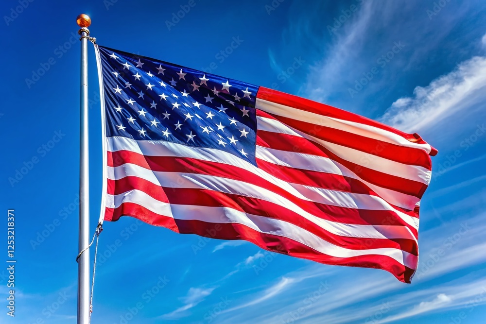 Obraz premium Waving USA Flag on Flagpole, Isolated Drone Shot, Patriotic Symbol, American Flag, 4th of July