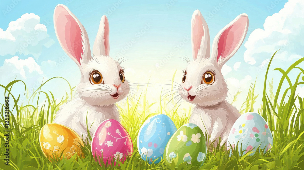 Fototapeta premium Adorable bunnies surrounded by colorful Easter eggs for a festive celebration