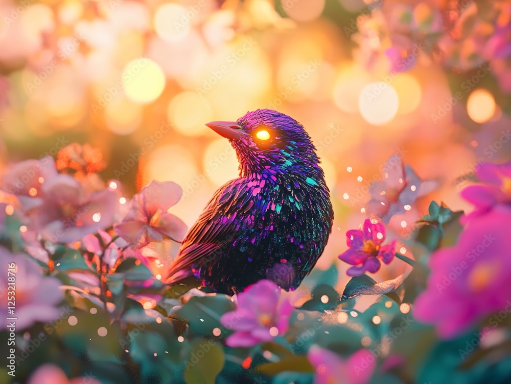 Obraz premium Enchanting Luminescent Bird in a Magical Flower Garden