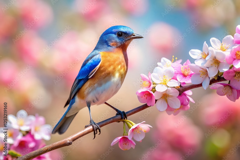Western Bluebird Perched on Delicate Cherry Blossom Branch with Soft Bokeh Background Western Bluebird Perched on Delicate Cherry Blossom Branch with Soft Bokeh Background