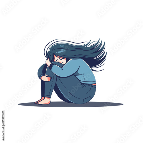 Young woman sitting with knees drawn to chest, expressing emotions in a calm setting. Generative AI