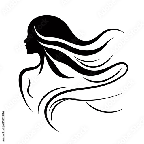 Silhouette of a woman with flowing hair creating an elegant artistic design. Generative AI