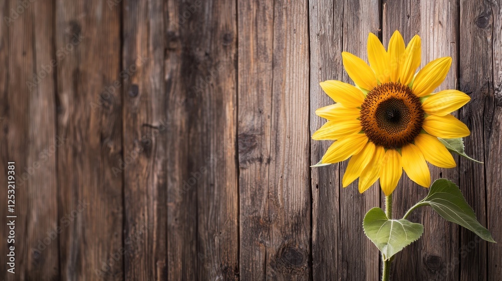 Obraz premium A sunflower against a rustic wooden fence, soft and natural lighting
