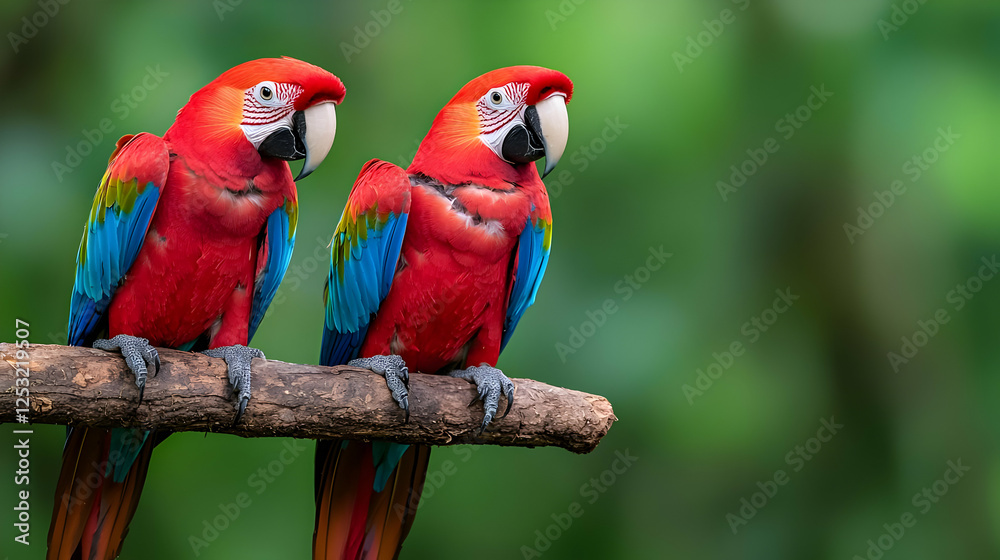 Obraz premium Scarlet Macaws perched on branch, rainforest background, wildlife photography