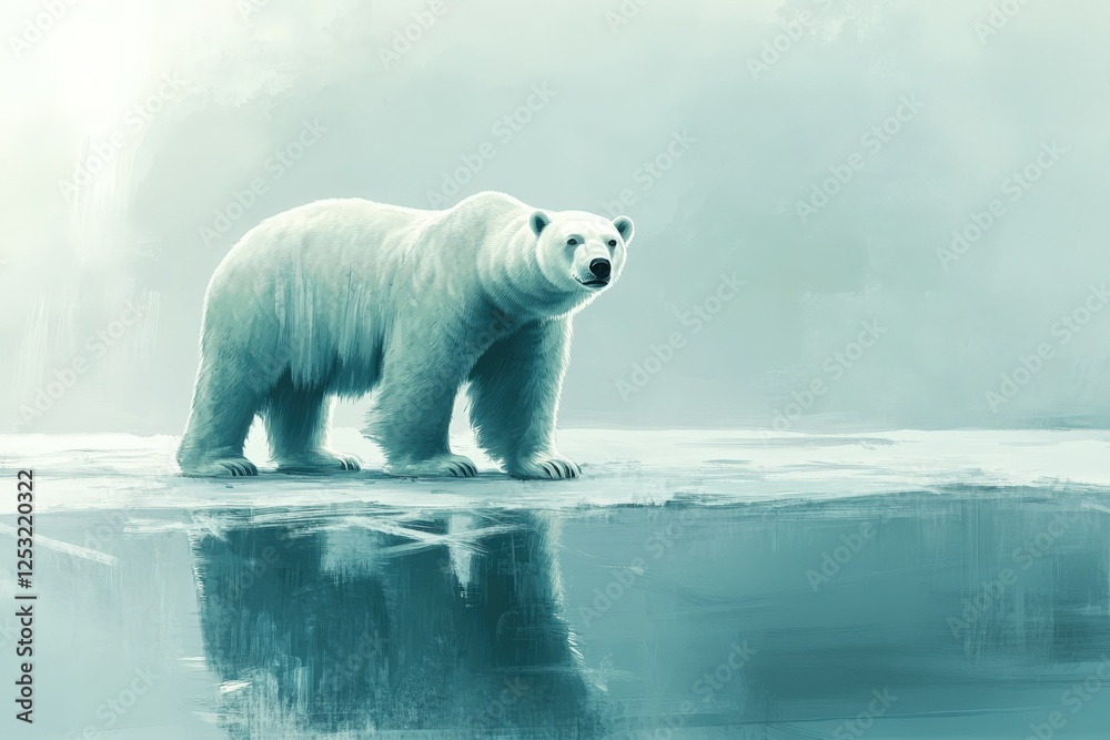 Fototapeta premium Polar bear standing on ice near water under cloudy sky