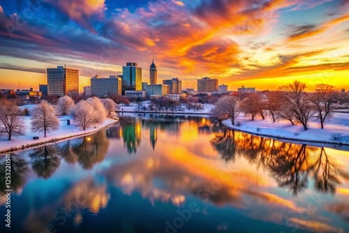 Wichita Kansas Winter Sunset Skyline Drone Mirror Reflection Bokeh