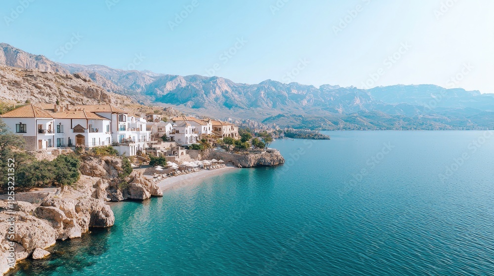Obraz premium Coastal village, mountain backdrop, clear sea, summer vacation