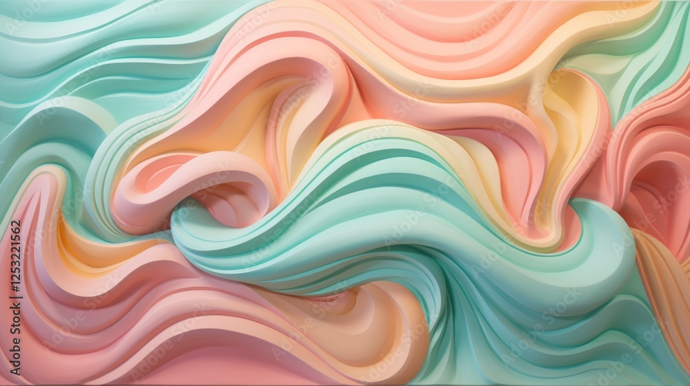 Fototapeta premium Dynamic curved lines in vibrant mint, coral, and lemon colors conveying modern energy and movement