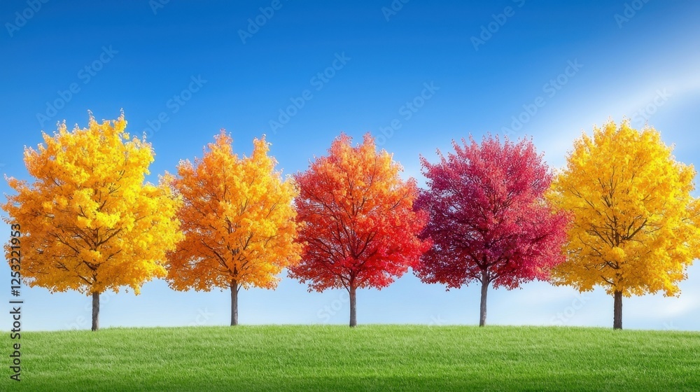 Naklejka premium Vibrant autumn trees with their leaves in full color, creating a stunning fall wallpaper with a blue sky in the background