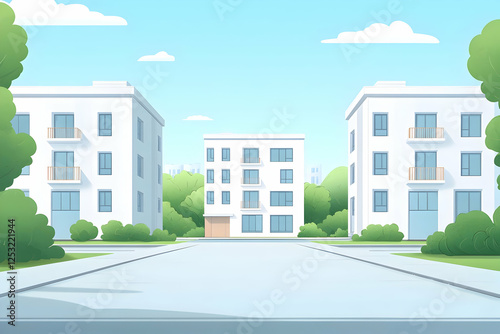 Modern apartment buildings, sunny day, green park, city background
