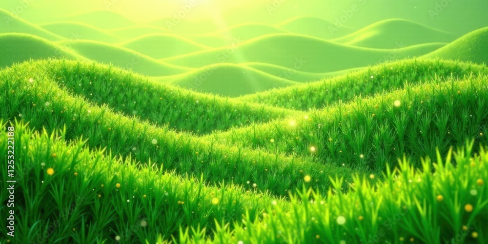 Serene Meadow Landscape Rolling Hills of Vibrant Green Grass Under a Sunny Sky Serene Meadow Landscape Rolling Hills of Vibrant Green Grass Under a Sunny Sky