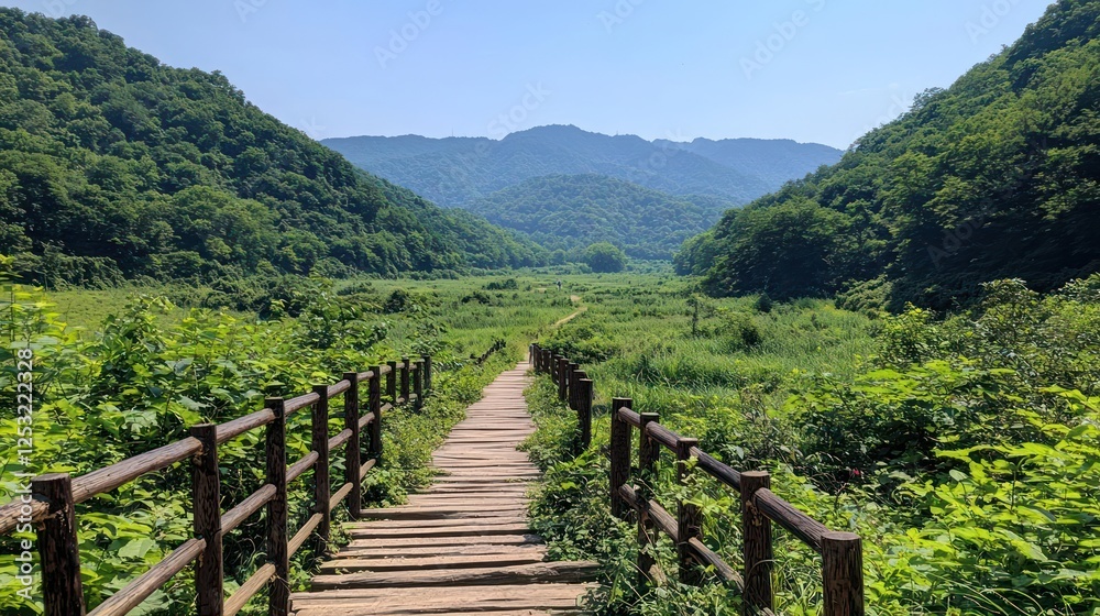 Wooden Pathway Through Lush Green Forest Landscape Wooden Pathway Through Lush Green Forest Landscape