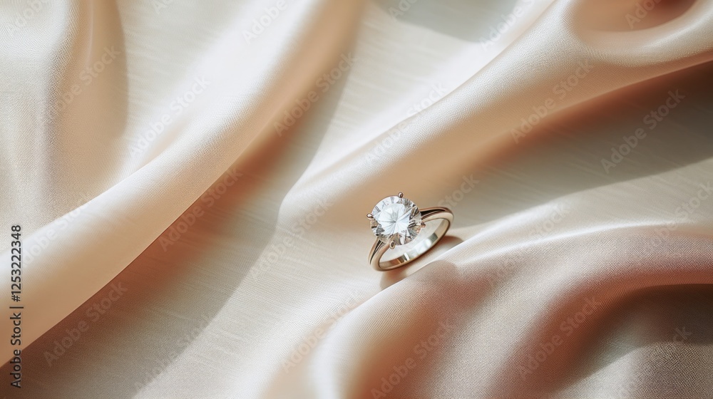 Obraz premium Elegant solitaire diamond ring resting on luxurious satin fabric. Generative AI