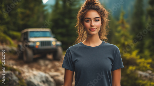 Dark Gray T-Shirt Mockup in Rugged Off-Road Setting photo