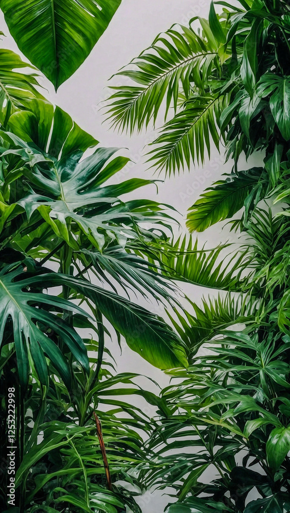 Lush tropical green leaves on a white background, adding freshness and vibrancy. Lush tropical green leaves on a white background, adding freshness and vibrancy.
