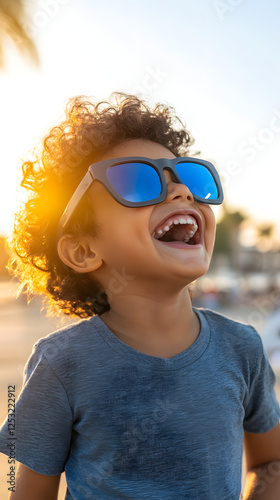 Happy child laughs, sunglasses, sunset beach