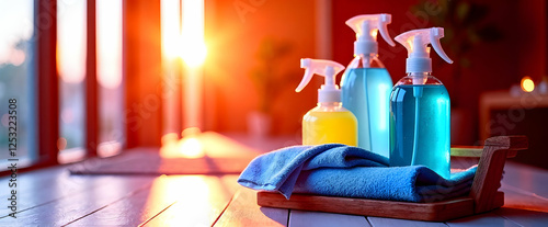 Sunset hues illuminate cleaning supplies; a blue towel rests on a wooden tray, promising a refreshing clean. photo