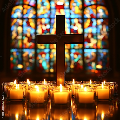 Church cross candles stained-glass window prayer