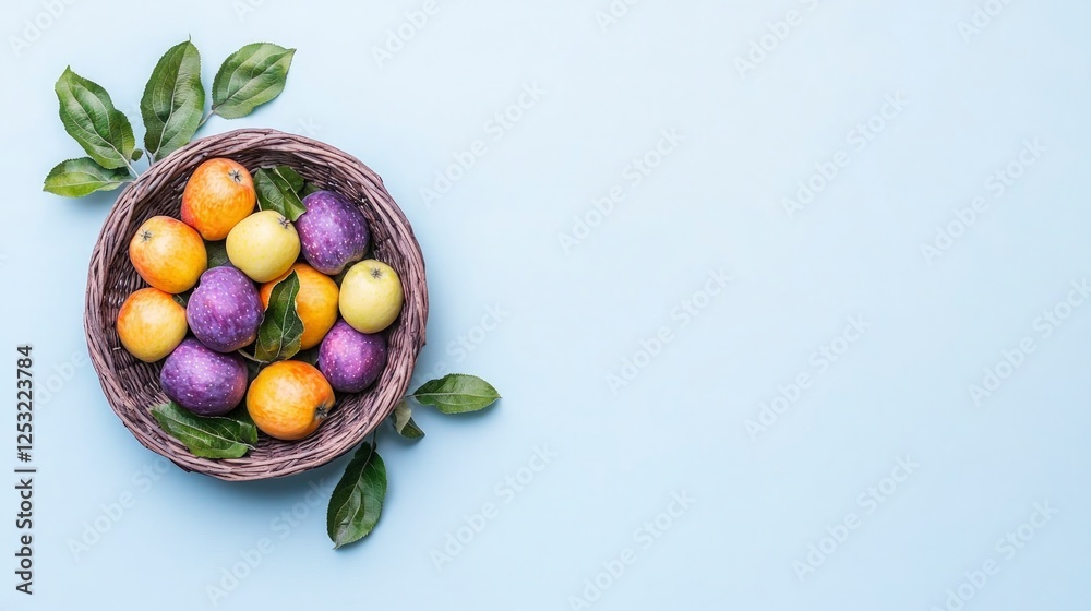 Colorful Fruit in Wicker Bowl on Blue Background Colorful Fruit in Wicker Bowl on Blue Background